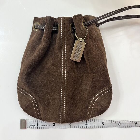COACH Vintage Mini Drawstring Wristlet handbag Chocolate Brown Suede EUC 6” x 6” - Picture 10 of 12
